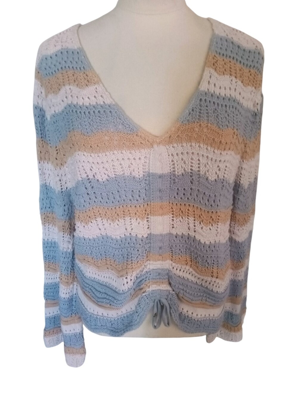 Marc New York Womens Cotton Striped V-Neck Sweater Cream/Ginger/Blue Size M